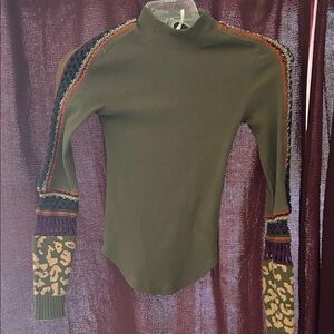 Free People-Olive Green Knit Sweater with Multicolor Sleeves, XS